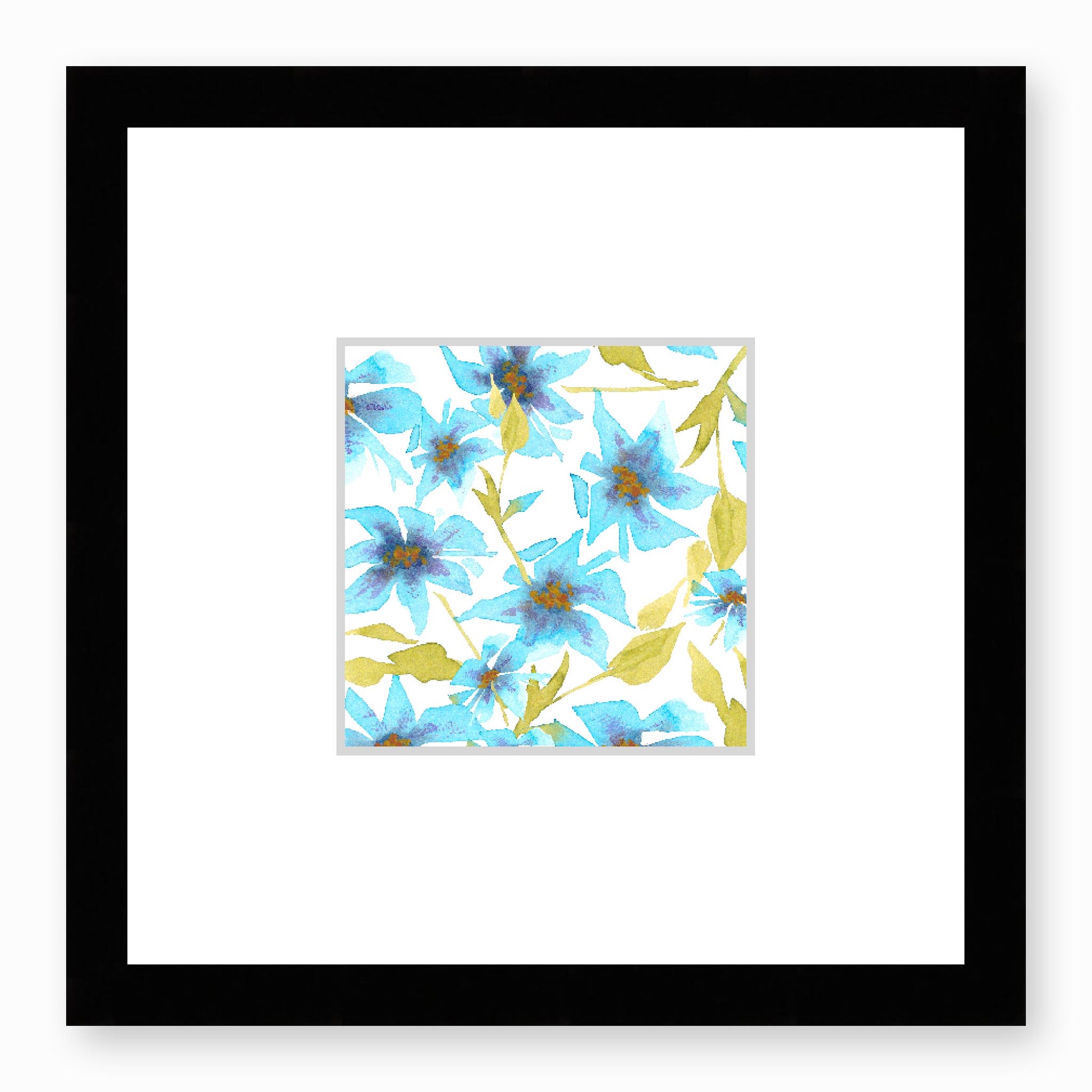 Framed Fine Art Print, Faux Mat - 12x12 inches | Blue Floral Watercolour, fms-1430-001, Prints, Fine art, Black Frame, 30 x 30 cm ,12 x 12 inches