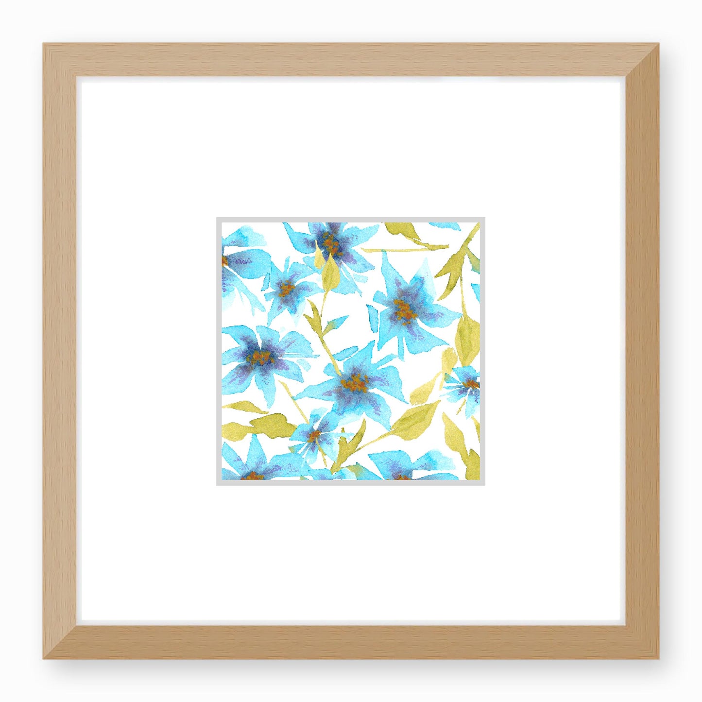 Framed Fine Art Print, Faux Mat - 12x12 inches | Blue Floral Watercolour, fms-1430-001, Prints, Fine art, Natural Frame, 30 x 30 cm ,12 x 12 inches