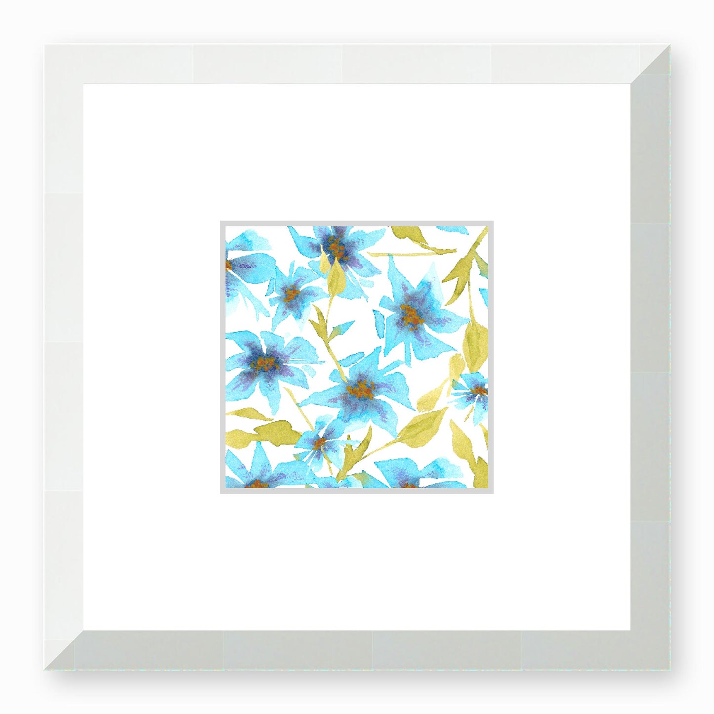 Framed Fine Art Print, Faux Mat - 12x12 inches | Blue Floral Watercolour, fms-1430-001, Prints, Fine art, White Frame, 30 x 30 cm ,12 x 12 inches