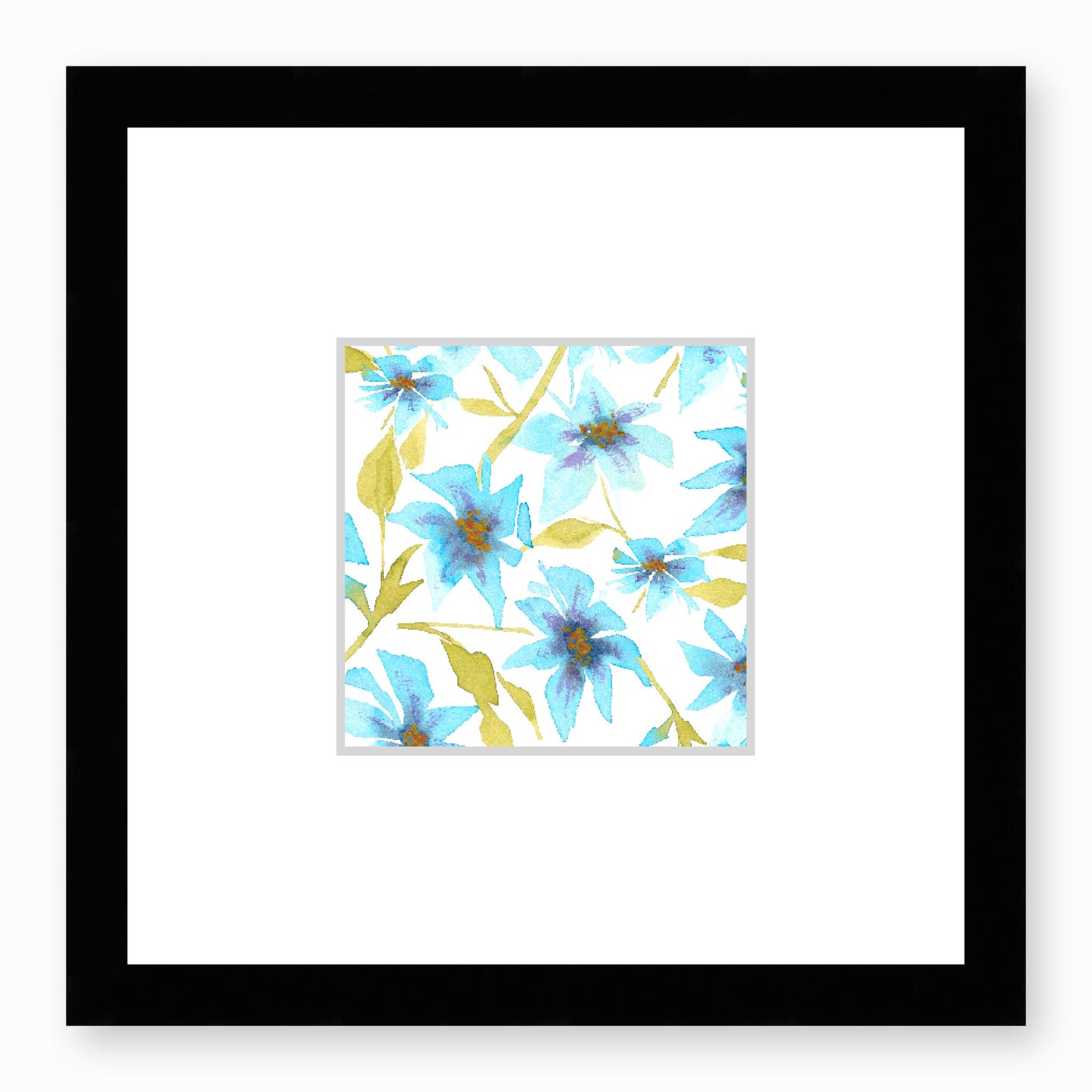 Framed Fine Art Print, Faux Mat - 12x12 inches | Blue Floral Watercolour, fms-1430-002, Prints, Fine art, Black Frame, 30 x 30 cm ,12 x 12 inches