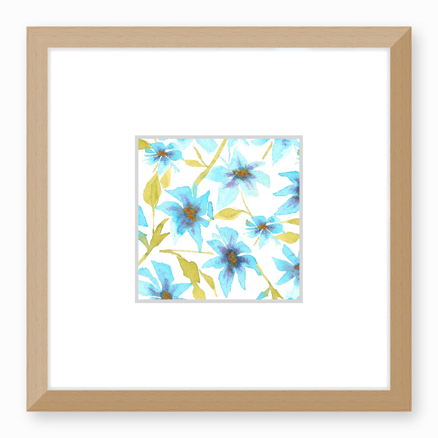 Framed Fine Art Print, Faux Mat - 12x12 inches | Blue Floral Watercolour, fms-1430-002, Prints, Fine art, Natural Frame, 30 x 30 cm ,12 x 12 inches
