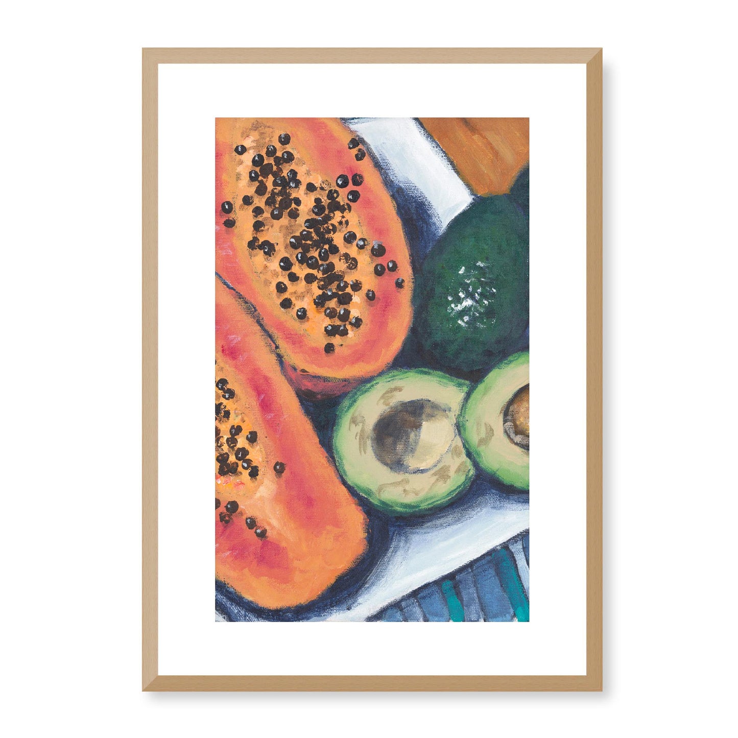 Framed Fine Art Print, White Mat - 14x20 19x28 24x36  | Papaya & Avocados in Acrylic, fp2-1000-1105C, Prints, Fine art, Natural Frame, 36 x 51 cm ,14 x 20 inches