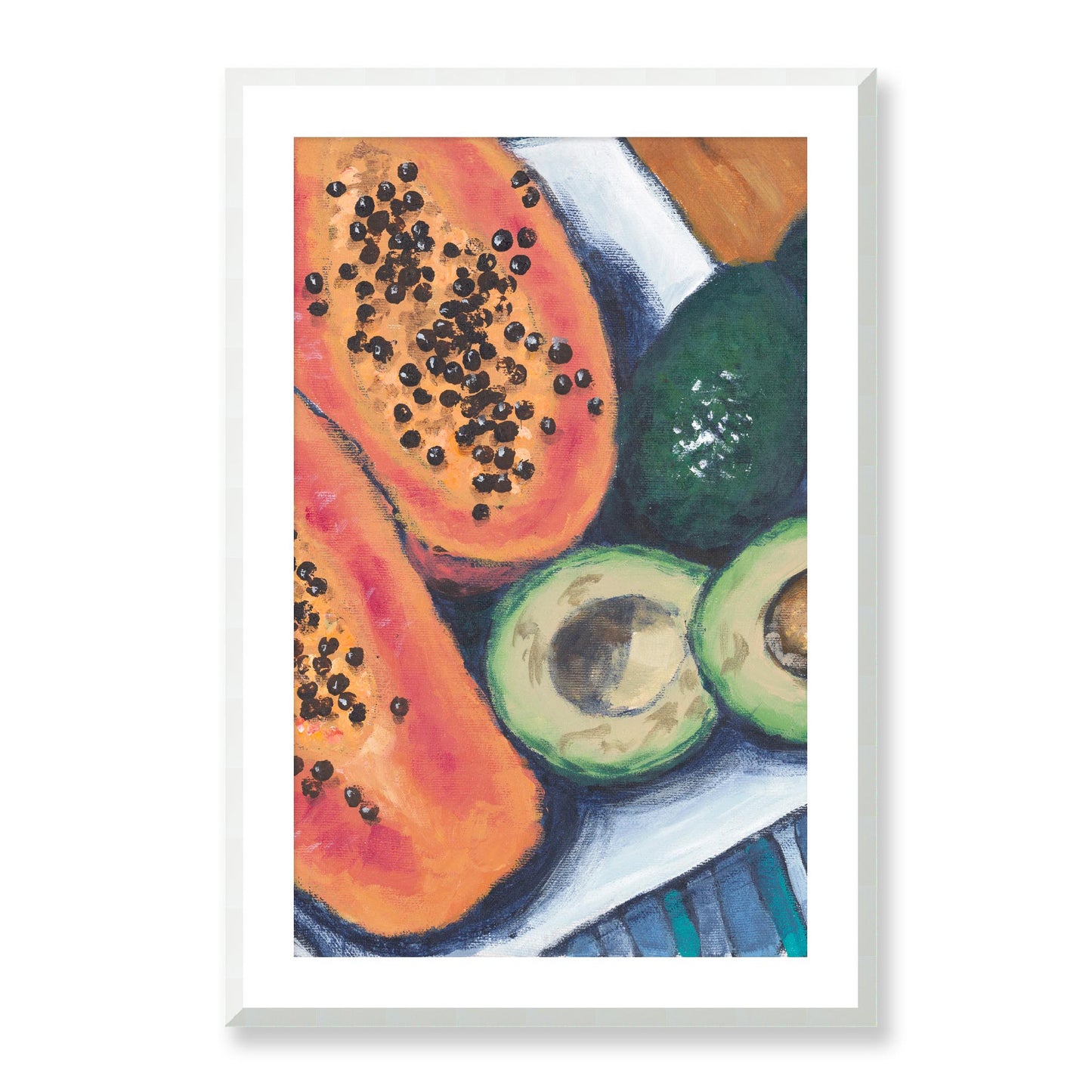 Framed Fine Art Print, White Mat - 14x20 19x28 24x36  | Papaya & Avocados in Acrylic, fp2-1000-1105C, Prints, Fine art, White Frame, 61 x 91 cm ,24 x 36 inches