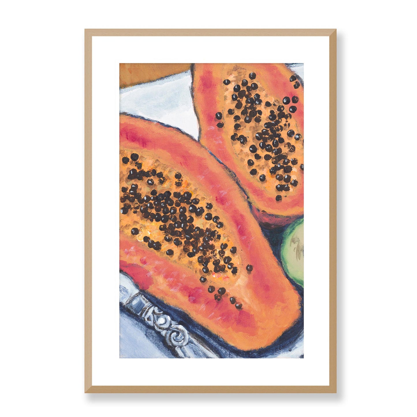Framed Fine Art Print, White Mat - 11x14 16x20 20x28 | Papaya & Avocados in Acrylic, fp2-1000-1105L, Prints, Fine art, Natural Frame, 48 x 71 cm ,19 x 28 inches