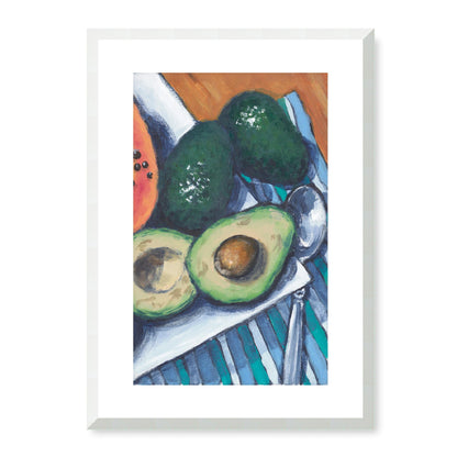 Framed Fine Art Print, White Mat - 11x14 16x20 20x28 | Papaya & Avocados in Acrylic, fp2-1000-1105R, , Fine art, White Frame, 36 x 51 cm ,14 x 20 inches