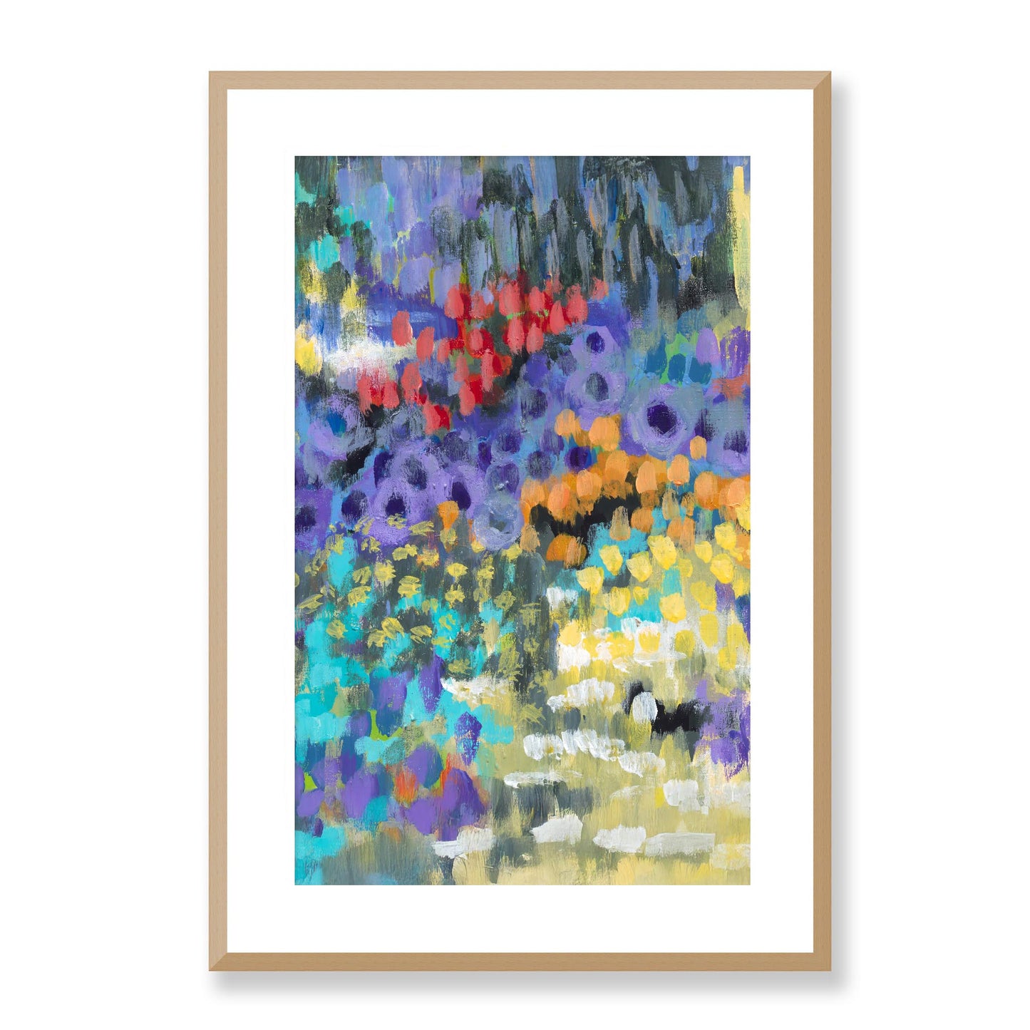 Framed Fine Art Print, White Mat - 14x20 19x28 24x36  | Floral Garden Two in Acrylic, fp2-1000-1145C, , Fine art, Natural Frame, 48 x 71 cm ,19 x 28 inches