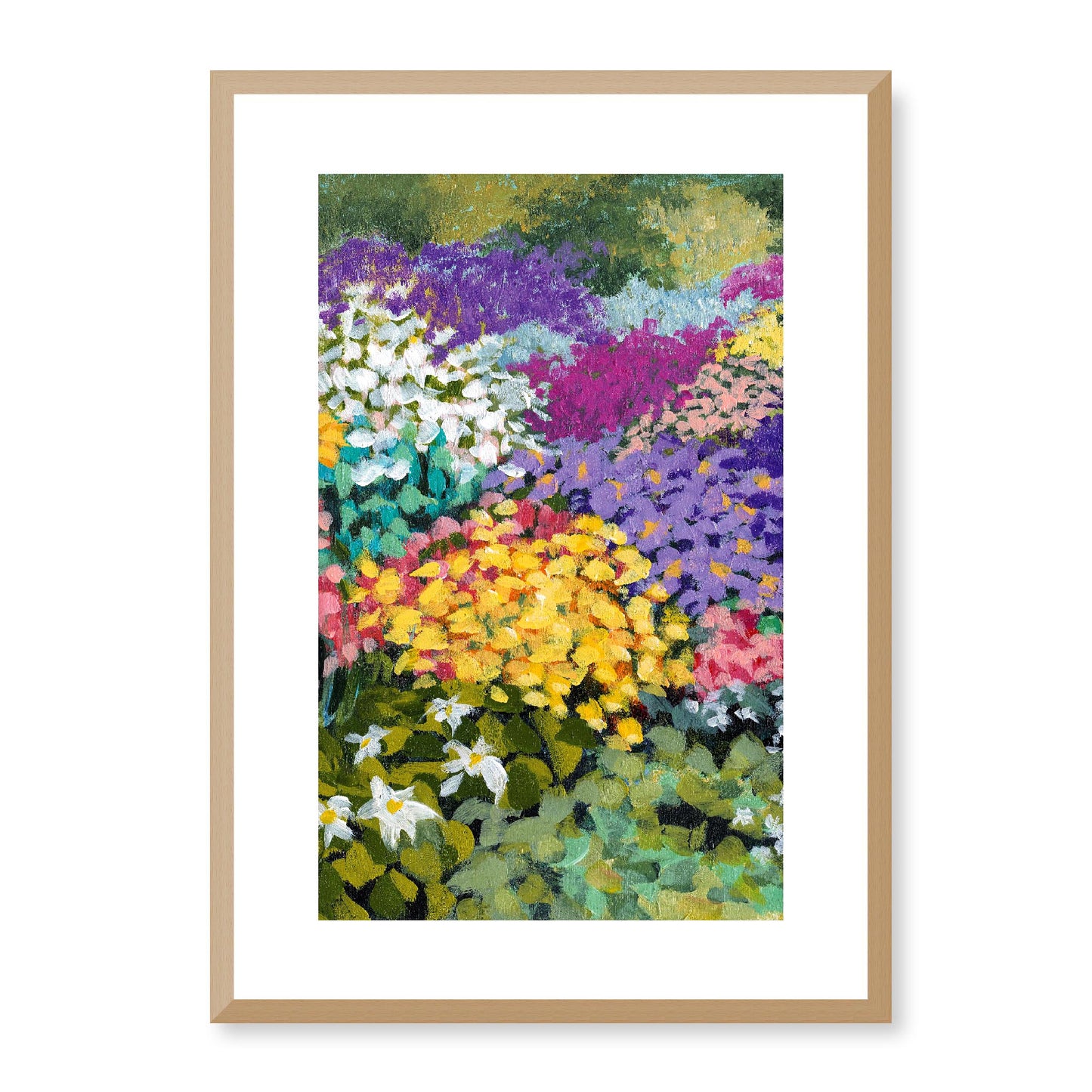 Framed Fine Art Print, White Mat - 14x20 19x28 24x36  | Floral Garden Three in Acrylic, fp2-1000-1147C, Prints, Fine art, Natural Frame, 36 x 51 cm ,14 x 20 inches