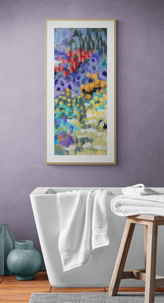 Wildflower Garden Fine Art Print | Styled in Dreamy Lavender Bathroom with Freestanding White Soaking Tub, Oak Bath Stool and Sage Green Ceramic Vase