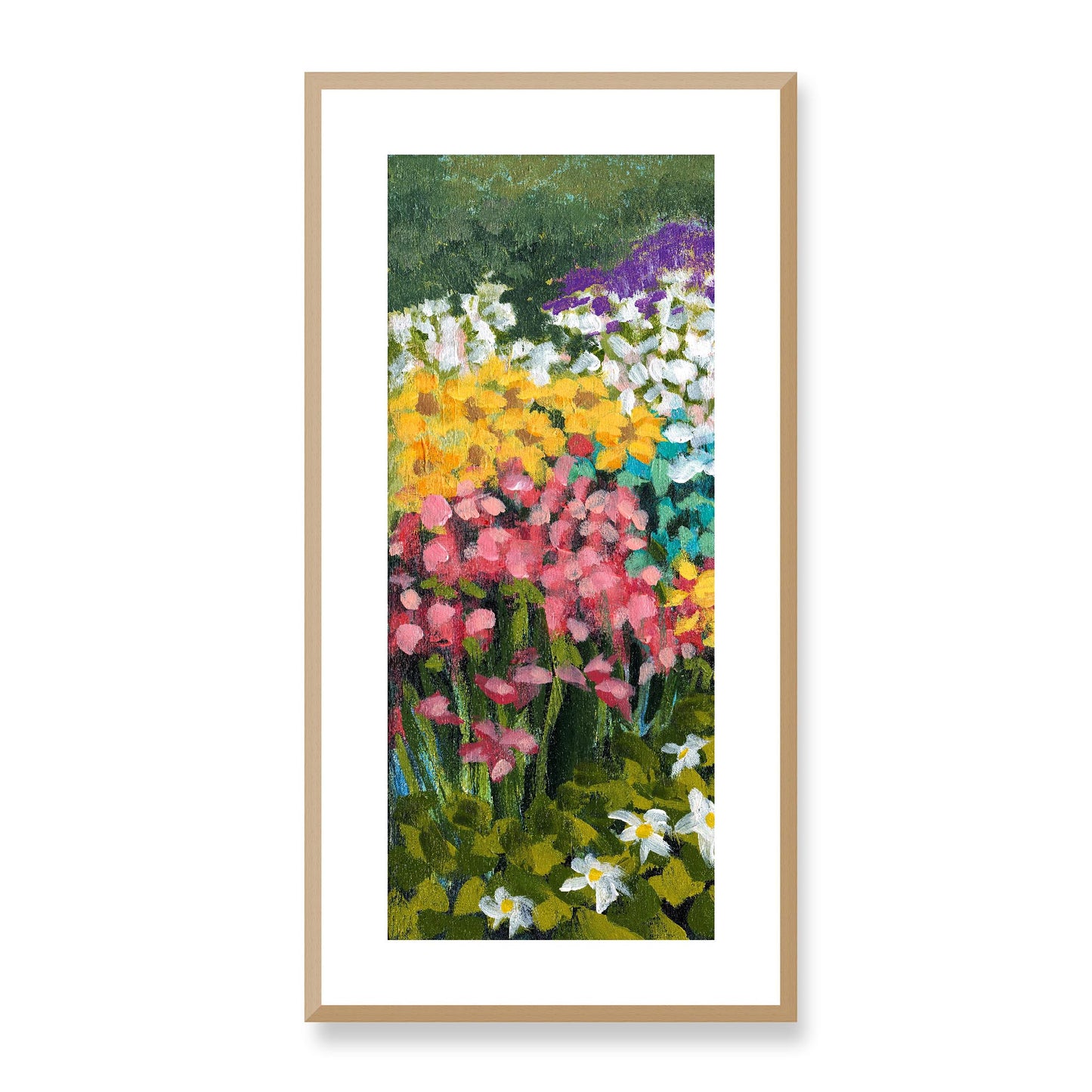 Framed Fine Art Print, White Mat - 16x33 inches | Floral Garden, FP3-1000-1147-L, Prints, Fine art, Natural Frame, 36 x 71 cm ,14 x 28 inches