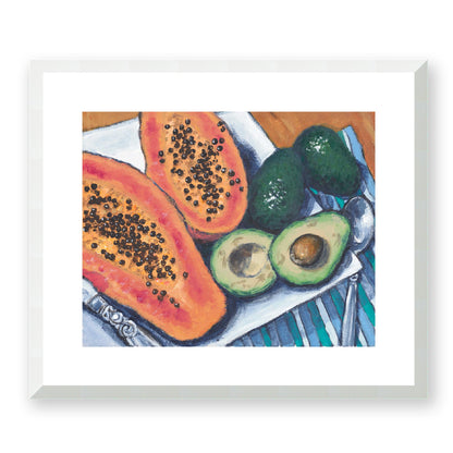 Framed Fine Art Print, White Mat - 14x12 19x16 24x20 29x24 34x28 39x32 inches | Papaya & Avocados in Acrylic, FPH-1000-1105, Prints, Fine art, White Frame, 48 x 41 cm, 19 x 16 inches