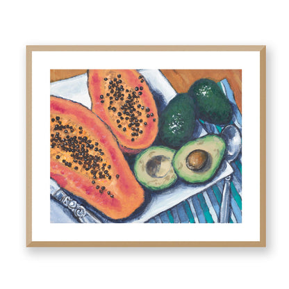 Framed Fine Art Print, White Mat - 14x12 19x16 24x20 29x24 34x28 39x32 inches | Papaya & Avocados in Acrylic, FPH-1000-1105, Prints, Fine art, Natural Frame, 61 x 51 cm, 24 x 20 inches