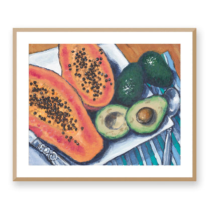 Framed Fine Art Print, White Mat - 14x12 19x16 24x20 29x24 34x28 39x32 inches | Papaya & Avocados in Acrylic, FPH-1000-1105, Prints, Fine art, Natural Frame, 74 x 61 cm, 29 x 24 inches