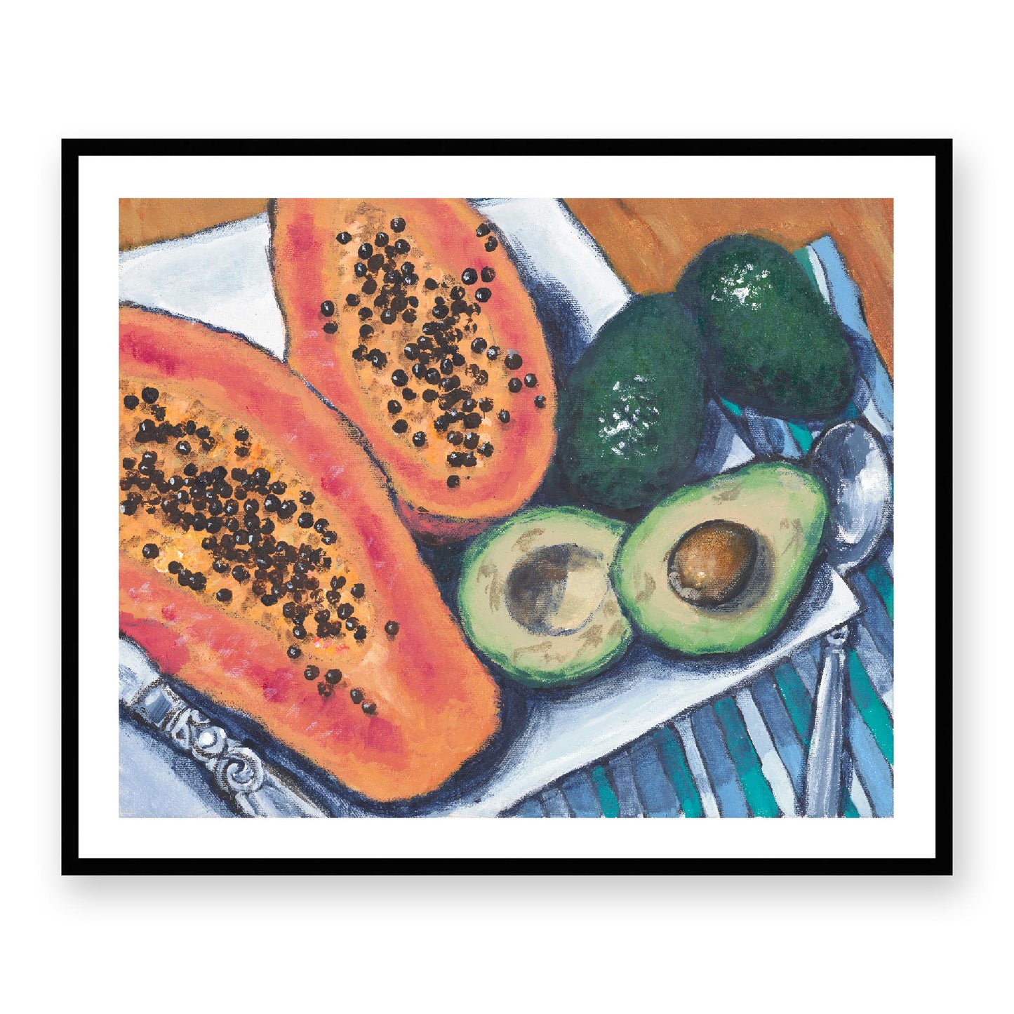 Framed Fine Art Print, White Mat - 14x12 19x16 24x20 29x24 34x28 39x32 inches | Papaya & Avocados in Acrylic, FPH-1000-1105, Prints, Fine art, Black Frame, 99 x 81 cm, 39 x 32 inches