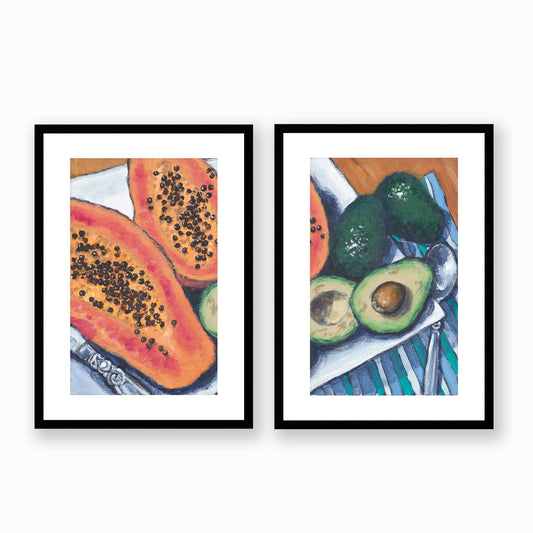 Papaya & Avocados #2105 Set of 2 Framed Fine Art Prints - Vertical 2-Inch Premium Gallery Matting