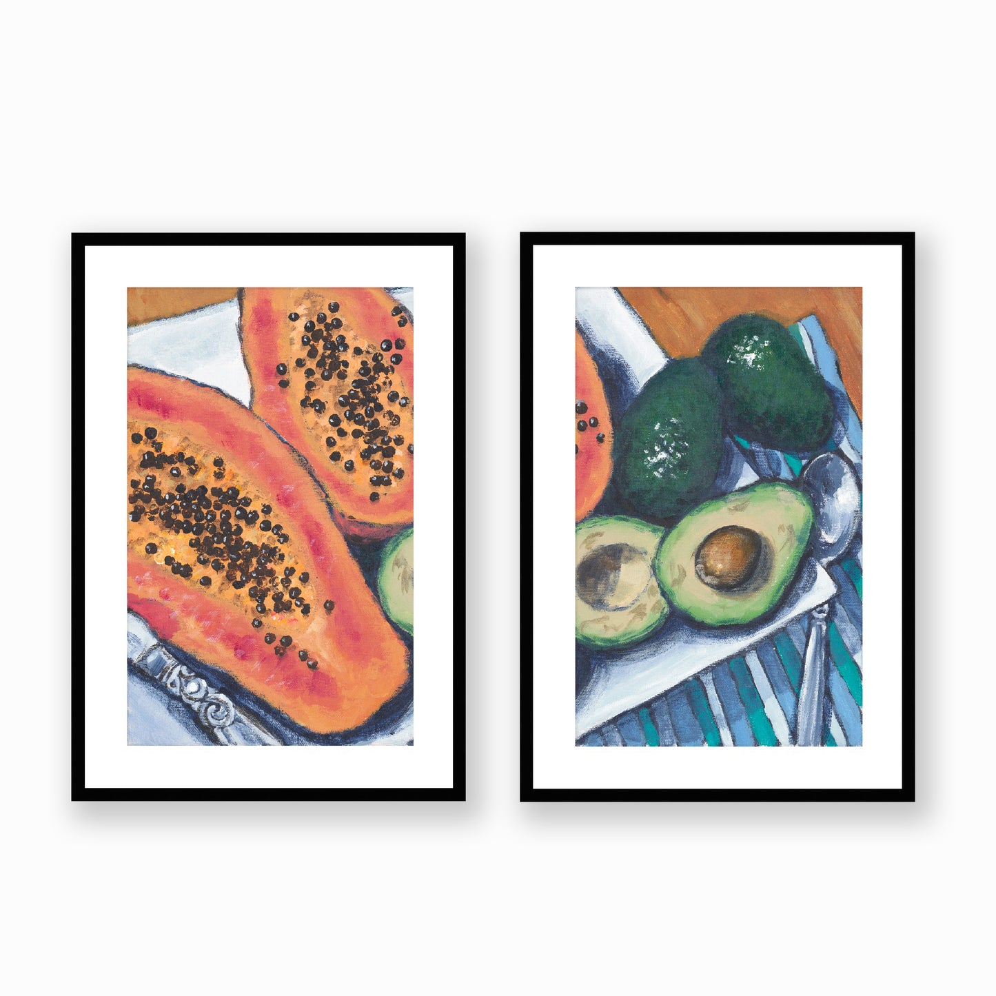 Papaya & Avocados #2105 Set of 2 Framed Fine Art Prints - Vertical 2-Inch Premium Gallery Matting