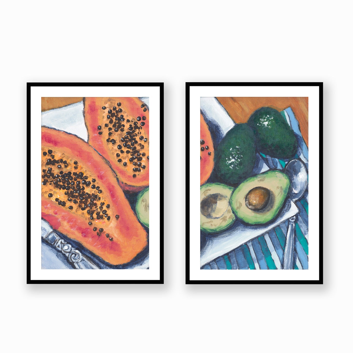 Papaya & Avocados #2105 Set of 2 Framed Fine Art Prints - Vertical 2-Inch Premium Gallery Matting