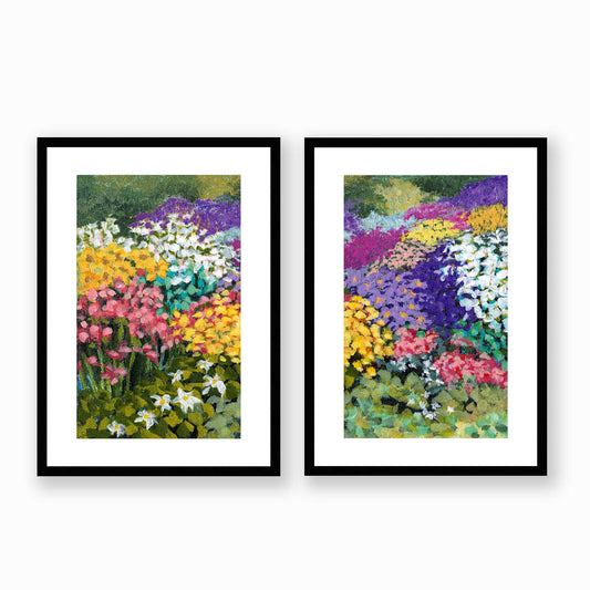 Floral Garden #1381 Set of 2 Framed Fine Art Prints - Vertical 2-Inch Premium Gallery Matting