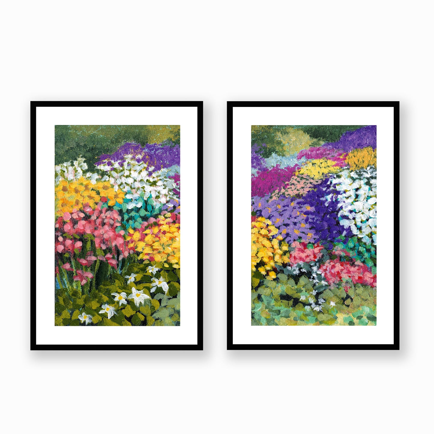 Floral Garden #1381 Set of 2 Framed Fine Art Prints - Vertical 2-Inch Premium Gallery Matting