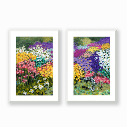 Floral Garden #1381 Set of 2 Framed Fine Art Prints - Vertical 2-Inch Premium Gallery Matting