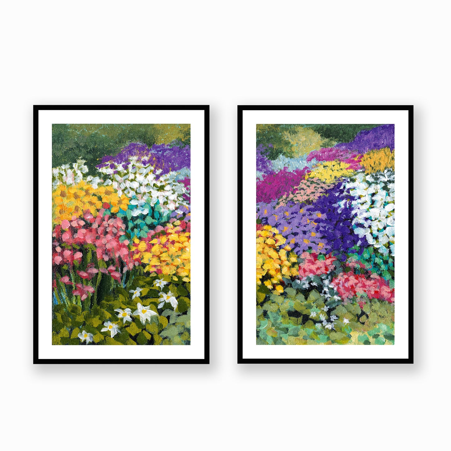 Floral Garden #1381 Set of 2 Framed Fine Art Prints - Vertical 2-Inch Premium Gallery Matting