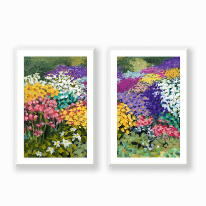 Floral Garden #1381 Set of 2 Framed Fine Art Prints - Vertical 2-Inch Premium Gallery Matting