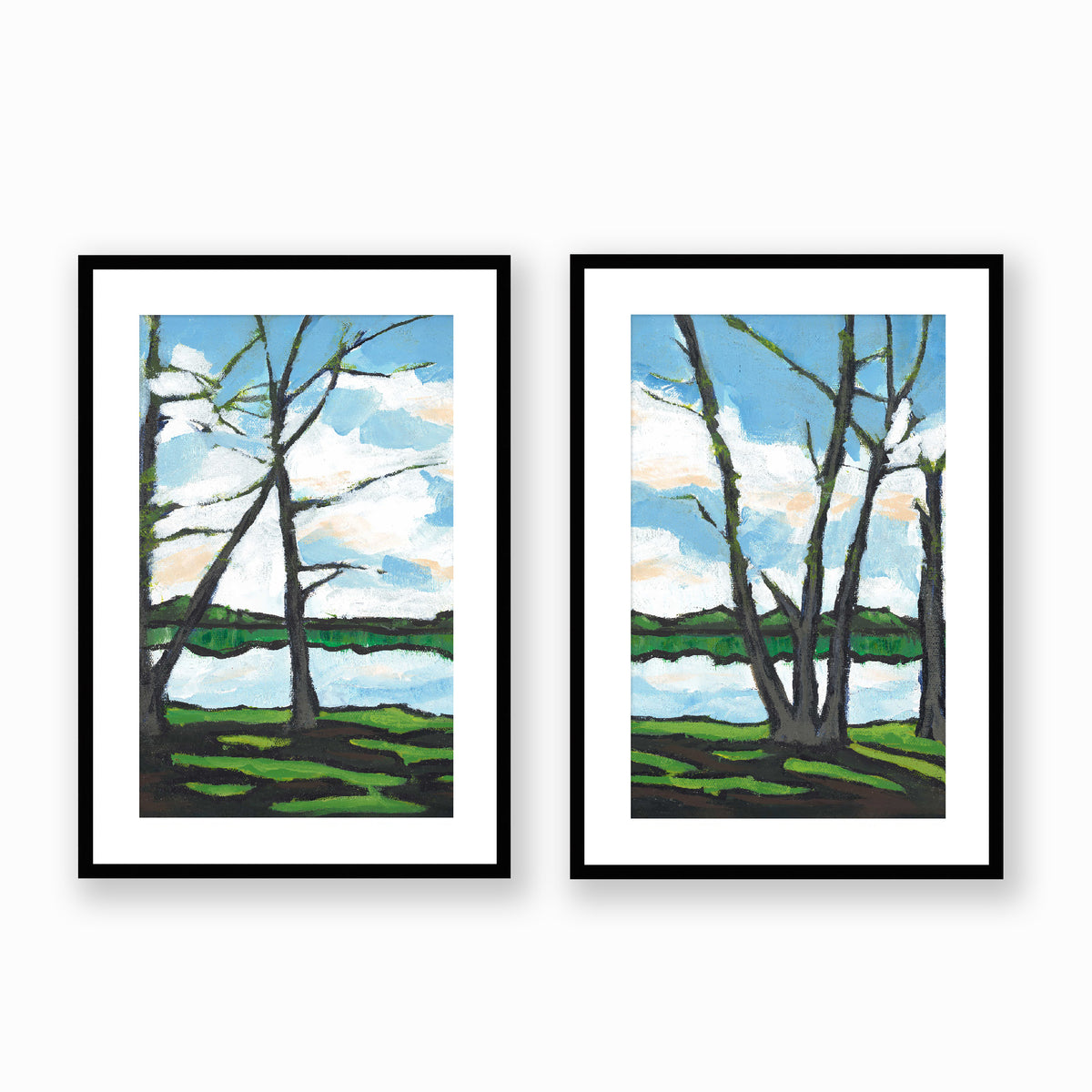 Lakeshore Landscape Framed Fine Art Prints | Set of 2 | 48 x 71 cm / 19 x 28 inches | Black Frame (+1.75 inches)
