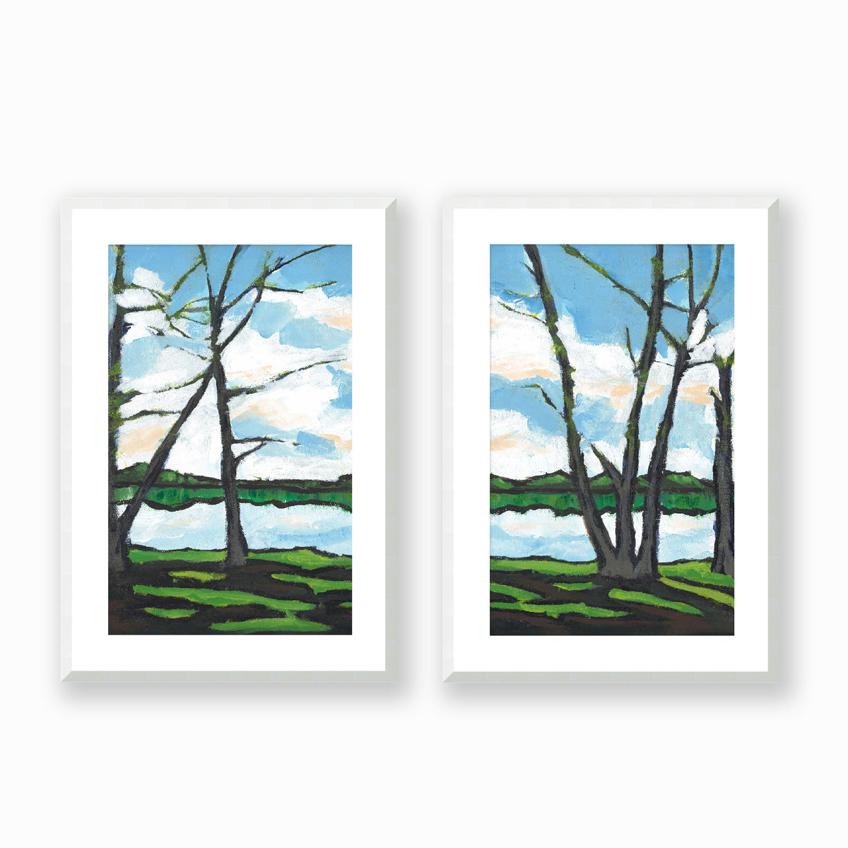 Lakeshore Landscape Framed Fine Art Prints | Set of 2 | 48 x 71 cm / 19 x 28 inches | White Frame (+1.75 inches)