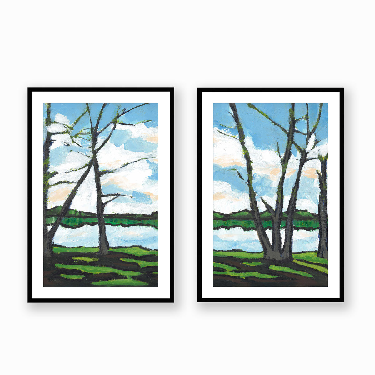 Lakeshore Landscape Framed Fine Art Prints | Set of 2 | 61 x 91 cm / 24 x 36 inches | Black Frame (+1.75 inches)