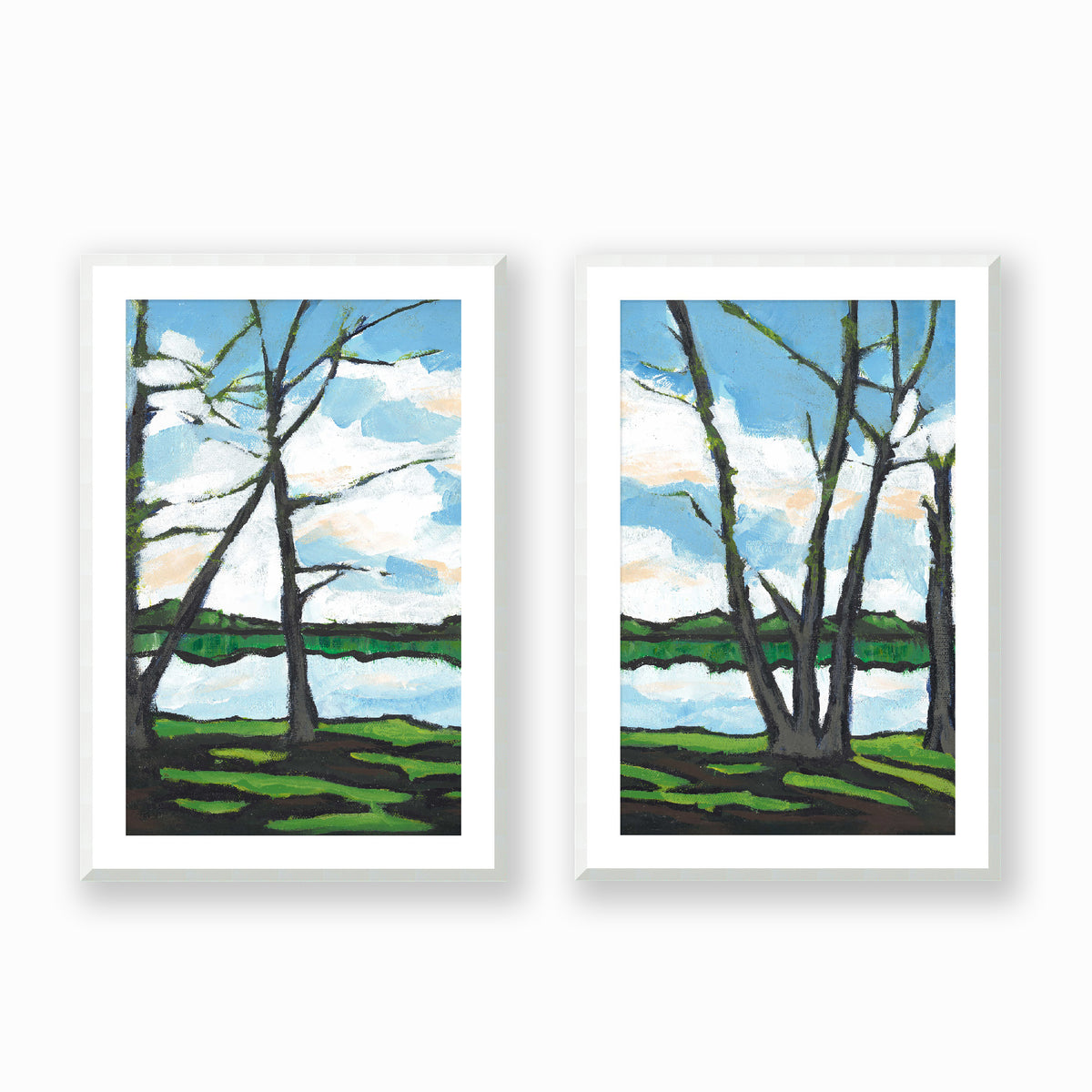 Lakeshore Landscape Framed Fine Art Prints | Set of 2 | 61 x 91 cm / 24 x 36 inches | White Frame (+1.75 inches)