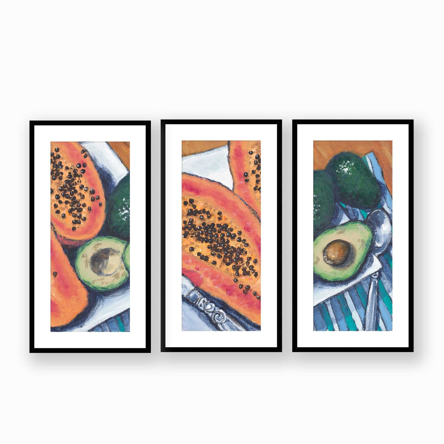 Papaya & Avocados #2105 Set of 3 Framed Fine Art Prints - Vertical 2-Inch Premium Gallery Matting