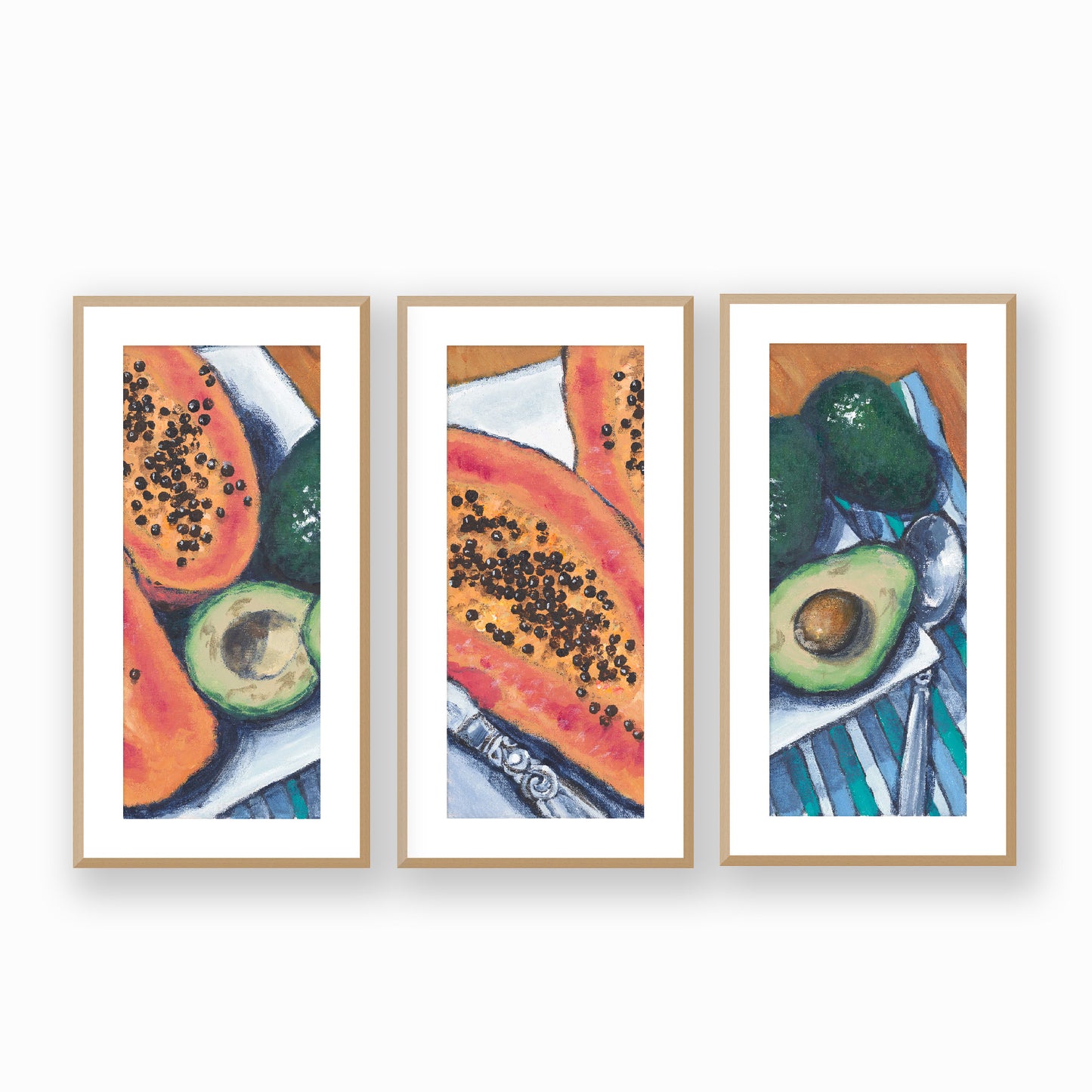 Papaya & Avocados #2105 Set of 3 Framed Fine Art Prints - Vertical 2-Inch Premium Gallery Matting