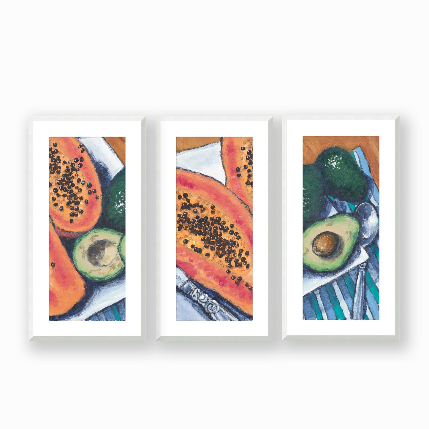 Papaya & Avocados #2105 Set of 3 Framed Fine Art Prints - Vertical 2-Inch Premium Gallery Matting