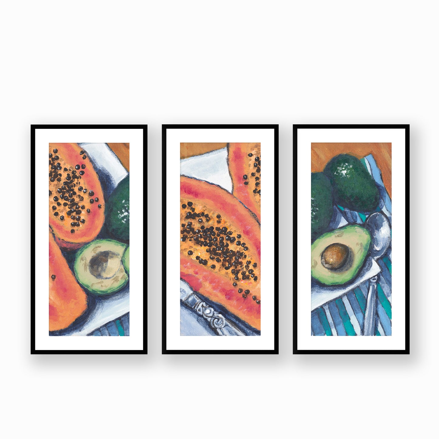 Papaya & Avocados #2105 Set of 3 Framed Fine Art Prints - Vertical 2-Inch Premium Gallery Matting