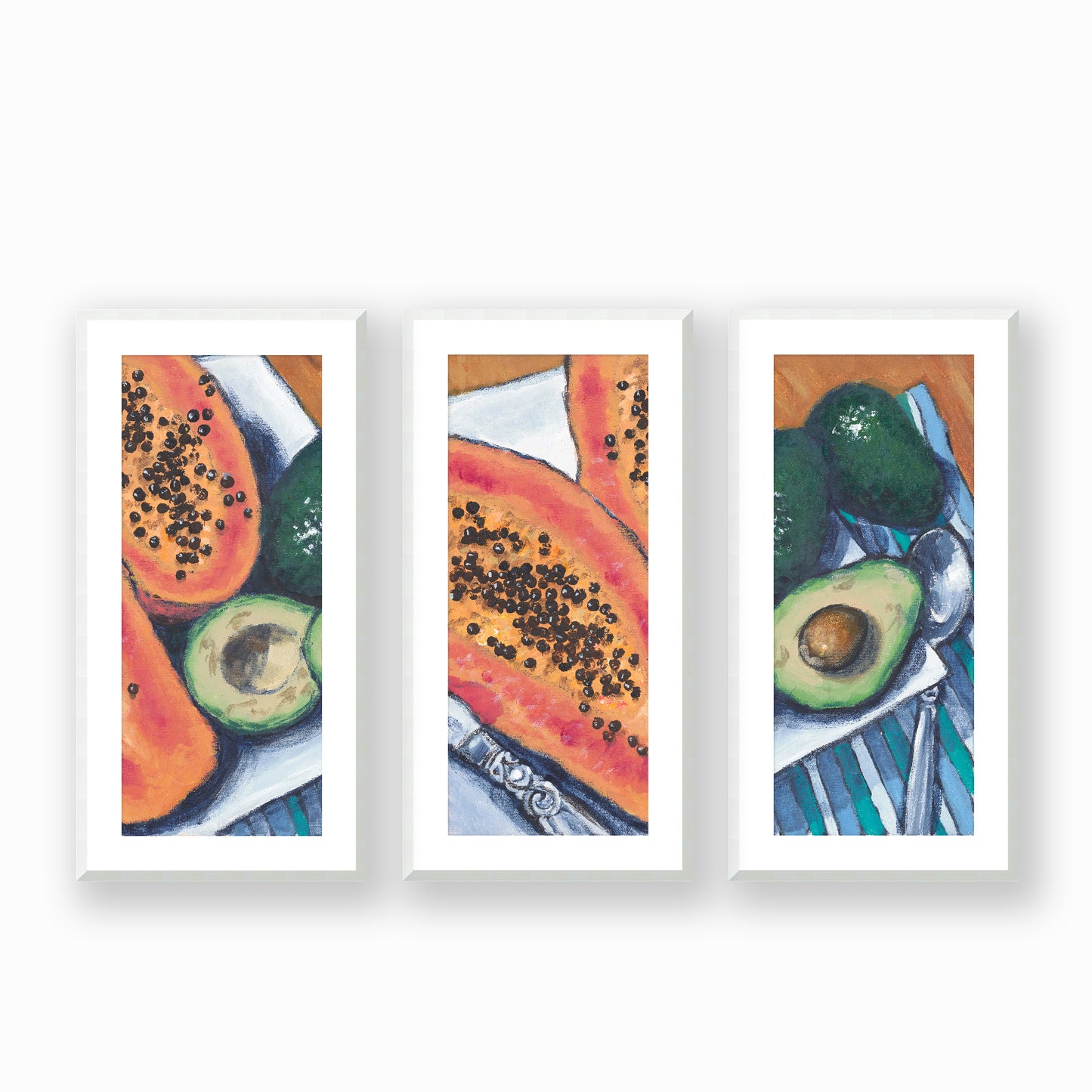 Papaya & Avocados #2105 Set of 3 Framed Fine Art Prints - Vertical 2-Inch Premium Gallery Matting