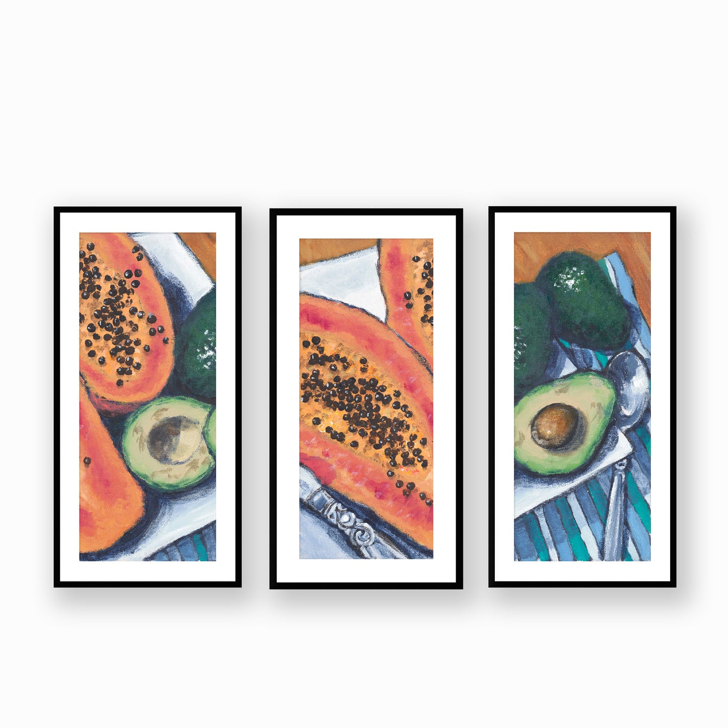 Papaya & Avocados #2105 Set of 3 Framed Fine Art Prints - Vertical 2-Inch Premium Gallery Matting