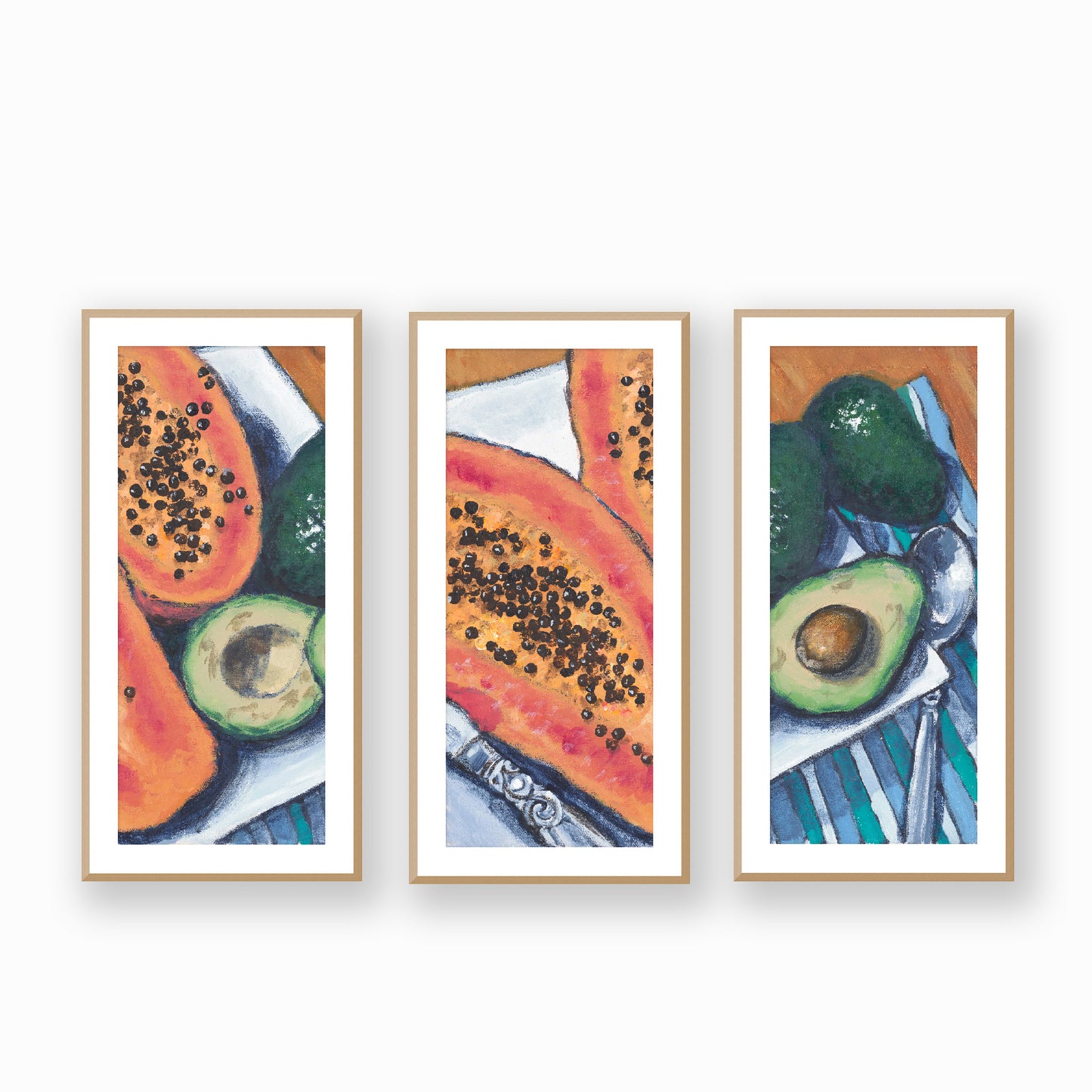 Papaya & Avocados #2105 Set of 3 Framed Fine Art Prints - Vertical 2-Inch Premium Gallery Matting