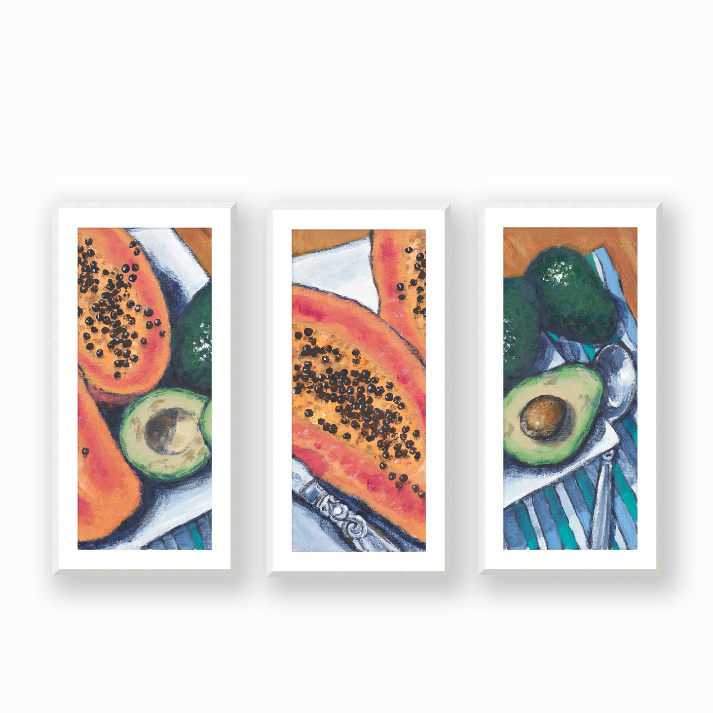 Papaya & Avocados #2105 Set of 3 Framed Fine Art Prints - Vertical 2-Inch Premium Gallery Matting