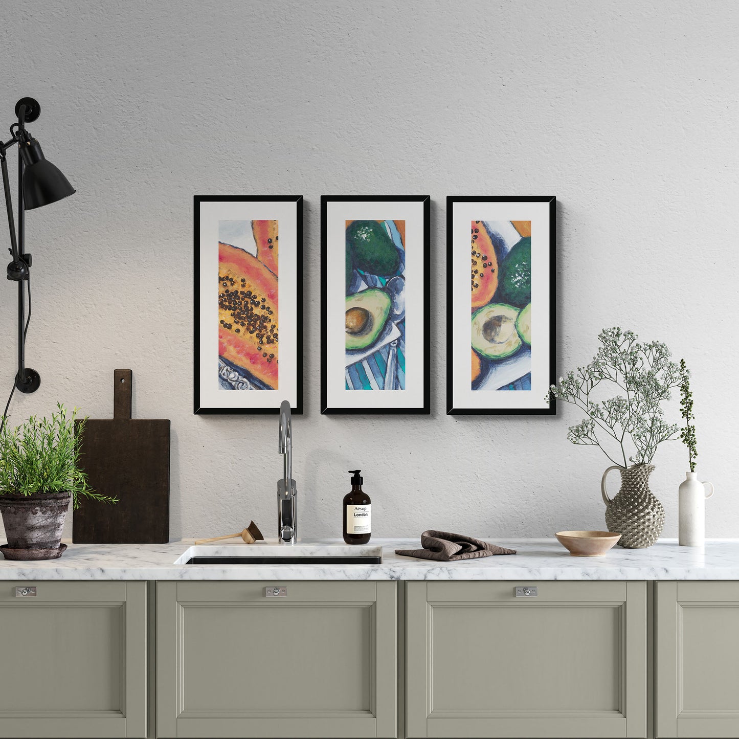 Papaya & Avocados #2105-002 Framed Fine Art Print - Vertical 2-Inch Premium Gallery Matting - Panoramic Layout