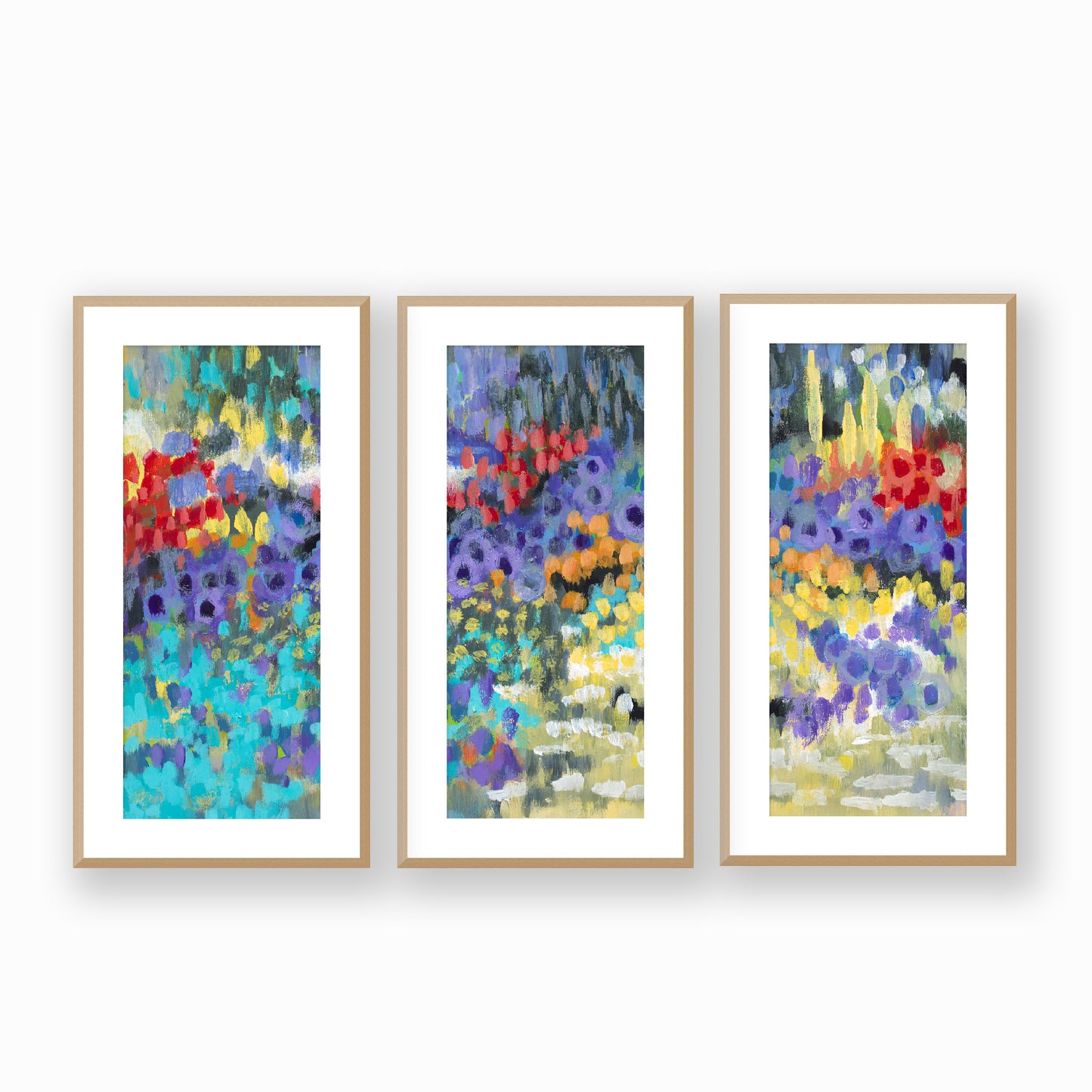Wildflower Garden #2145 Set of 3 Framed Fine Art Prints - Vertical 2-Inch Premium Gallery Matting
