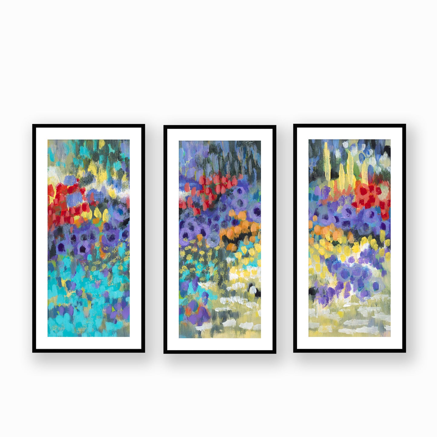 Wildflower Garden #2145 Set of 3 Framed Fine Art Prints - Vertical 2-Inch Premium Gallery Matting