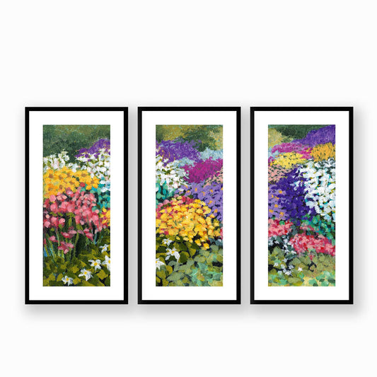 Floral Garden #1381 Set of 3 Framed Fine Art Prints - Vertical 2-Inch Premium Gallery Matting