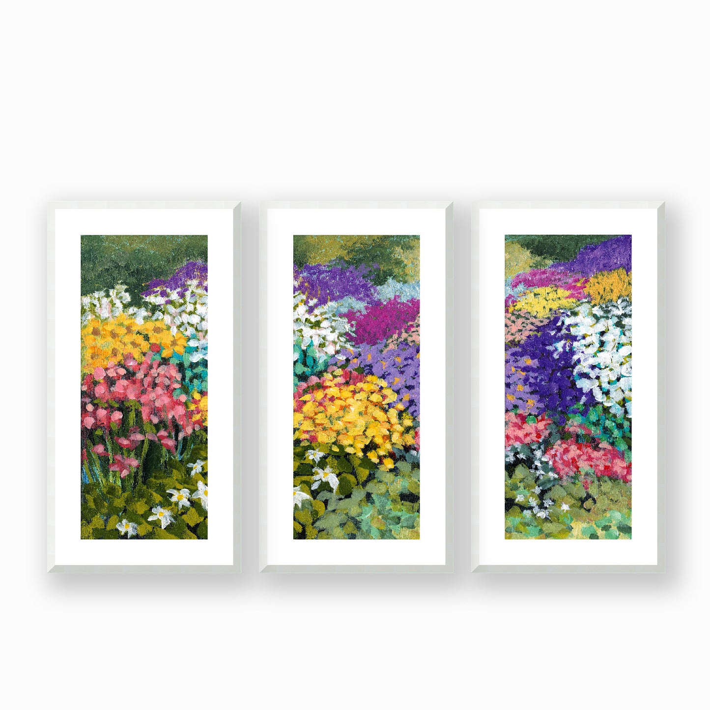 Floral Garden #1381 Set of 3 Framed Fine Art Prints - Vertical 2-Inch Premium Gallery Matting