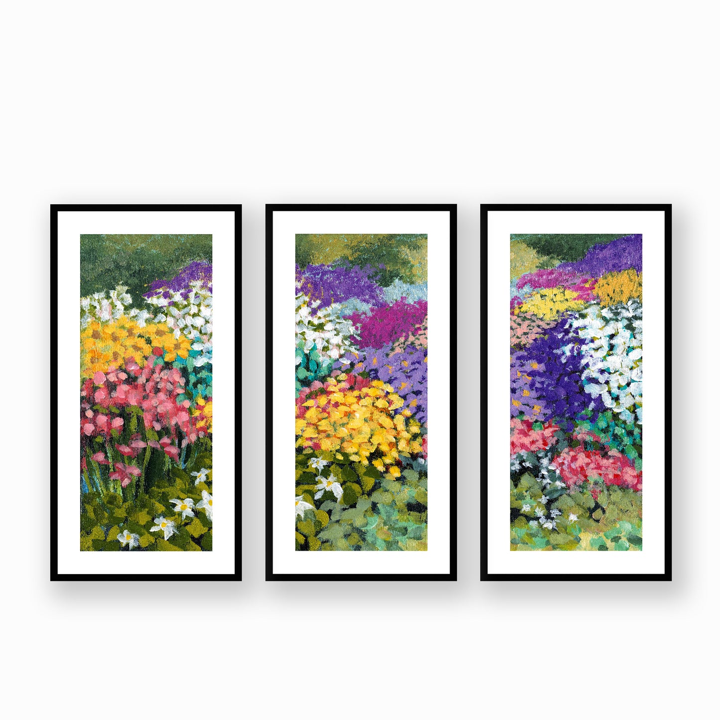 Floral Garden #1381 Set of 3 Framed Fine Art Prints - Vertical 2-Inch Premium Gallery Matting