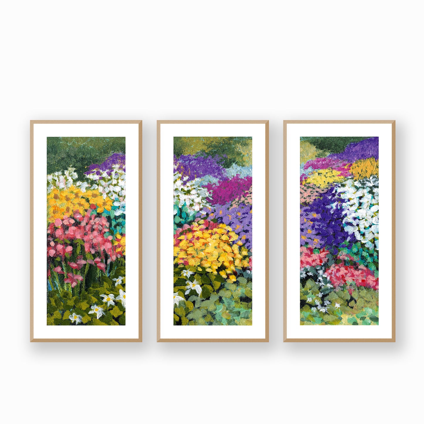 Floral Garden #1381 Set of 3 Framed Fine Art Prints - Vertical 2-Inch Premium Gallery Matting