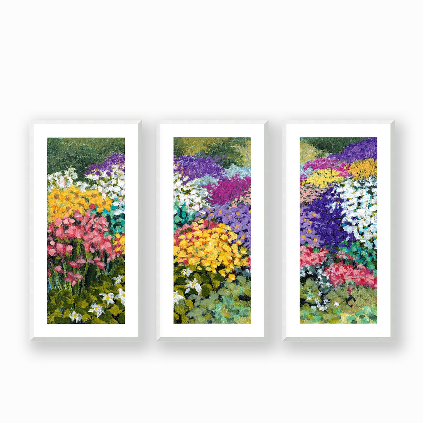 Floral Garden #1381 Set of 3 Framed Fine Art Prints - Vertical 2-Inch Premium Gallery Matting