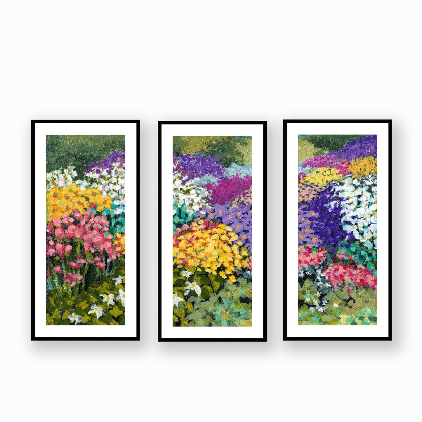 Floral Garden #1381 Set of 3 Framed Fine Art Prints - Vertical 2-Inch Premium Gallery Matting