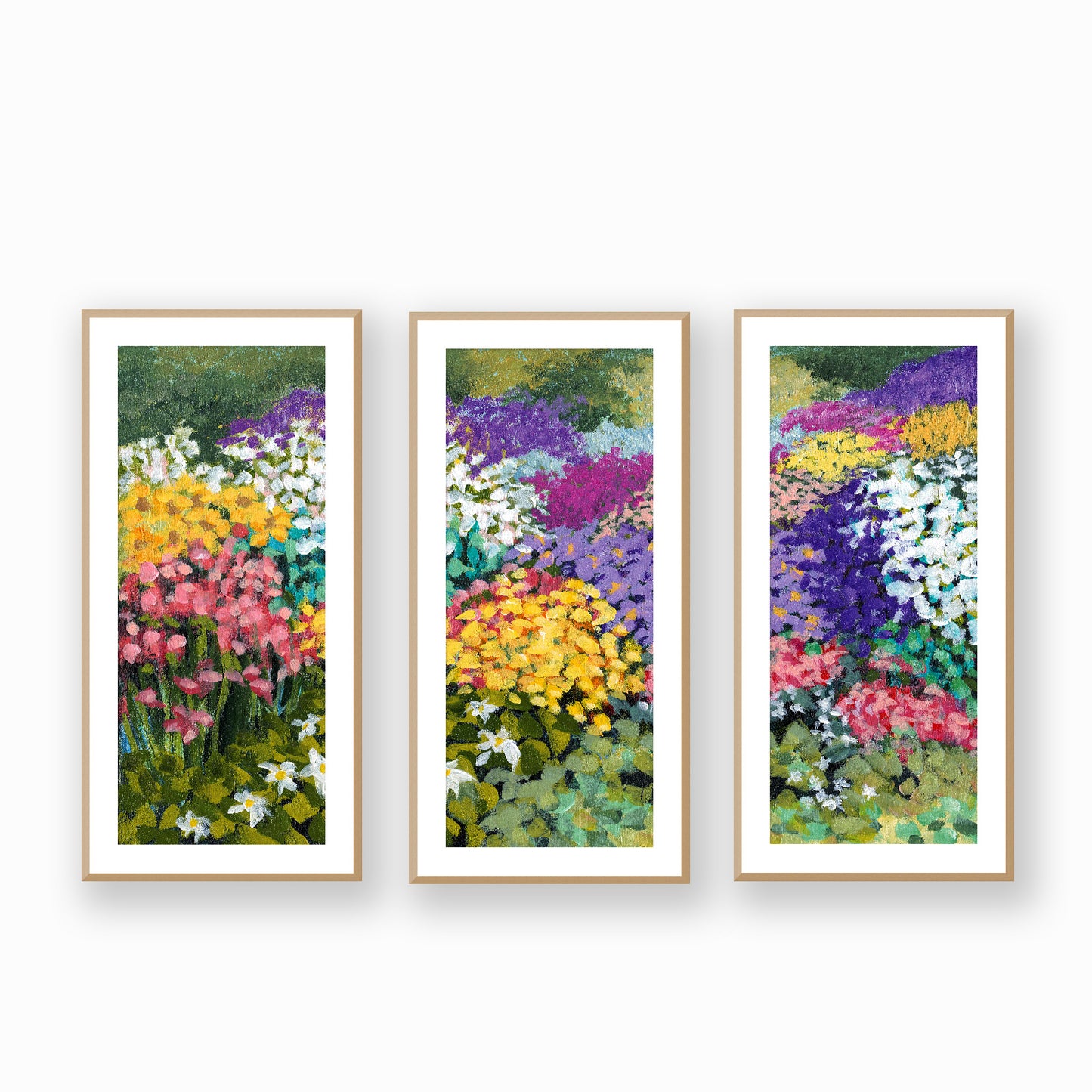 Floral Garden #1381 Set of 3 Framed Fine Art Prints - Vertical 2-Inch Premium Gallery Matting