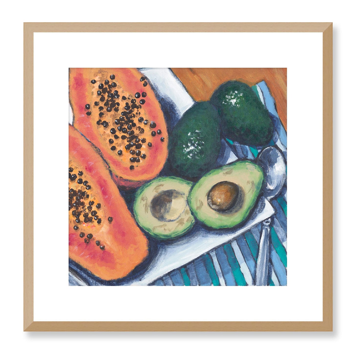 Framed Fine Art Print, White Mat - 12x12 16x16 20x20 24x24 28x28 32x32 36x36 40x40 inches | Papaya & Avocados in Acrylic, FPS-1000-1105, Prints, Fine art, Natural Frame, 41 x 41 cm ,16 x 16 inches