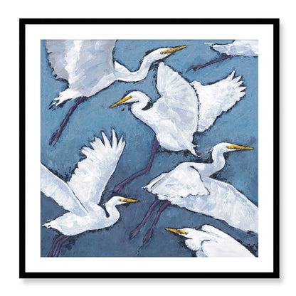 Framed Fine Art Print, White Mat - 12x12 16x16 20x20 24x24 28x28 32x32 36x36 40x40 inches | White Herons in Acrylic, FPS-1020-001, Prints, Fine art, Black Frame, 81 x 81 cm ,32 x 32 inches