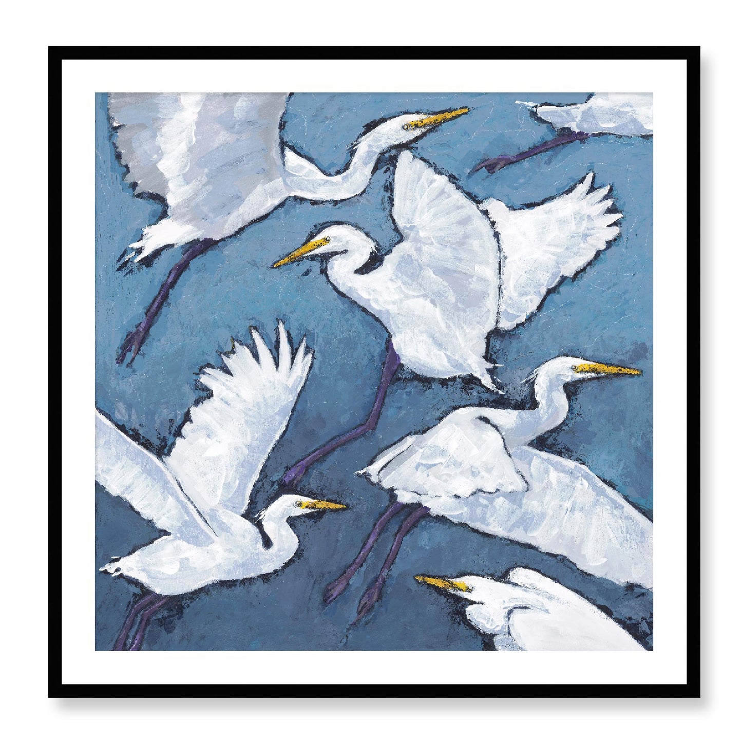 Framed Fine Art Print, White Mat - 12x12 16x16 20x20 24x24 28x28 32x32 36x36 40x40 inches | White Herons in Acrylic, FPS-1020-001, Prints, Fine art, Black Frame, 91 x 91 cm ,36 x 36 inches